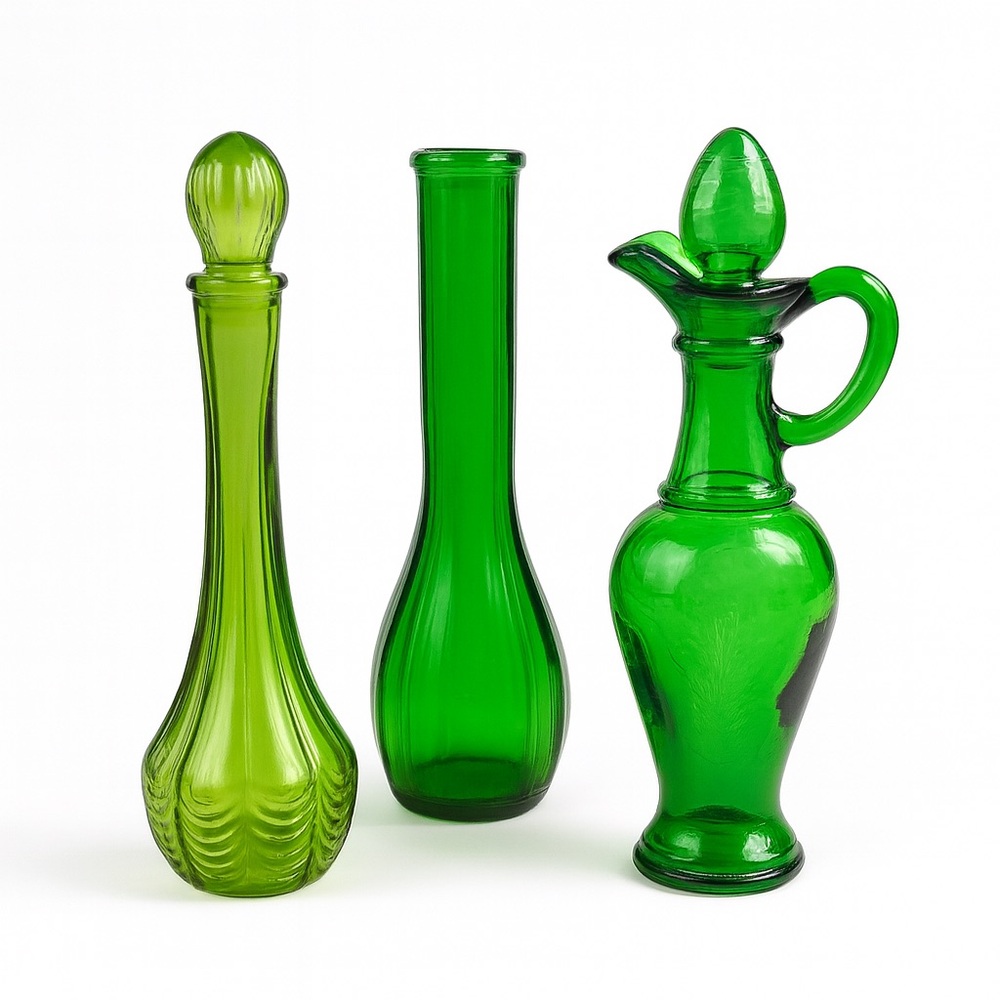 Set of Green Glass Vases and Decanter